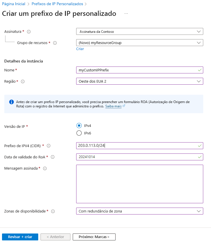 Captura de tela da página de criação do prefixo de IP personalizado no portal do Azure.