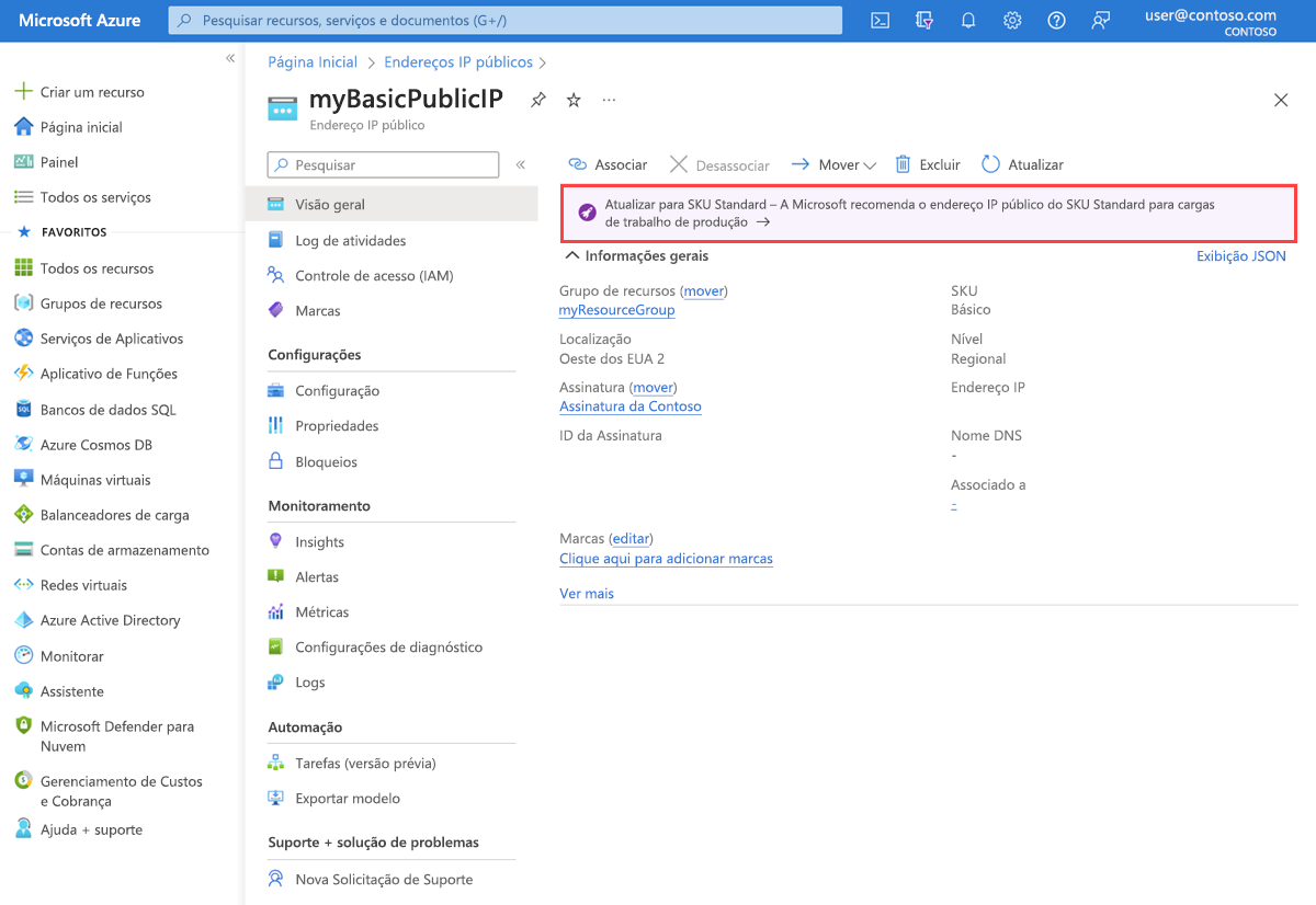 Screenshot showing the upgrade banner in Azure portal used to upgrade basic IP address.