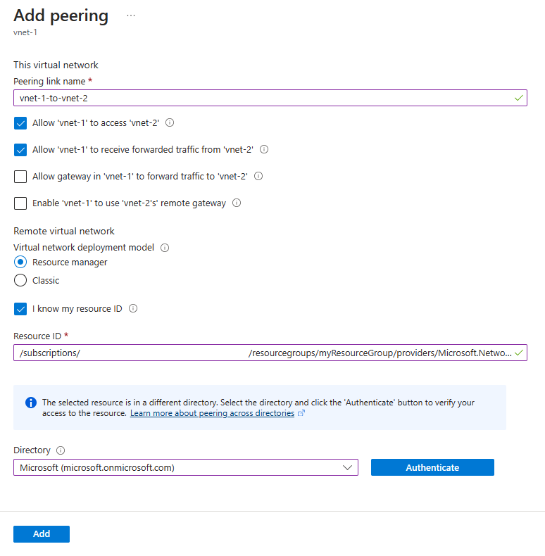 Captura de tela do peering da vnet-1 para a vnet-2.