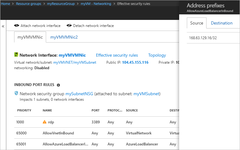 Captura de tela que mostra Prefixos de endereço para AllowAzureLoadBalancerInbound inseridos.