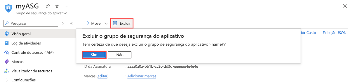 Captura de tela que mostra a exclusão de um grupo de segurança de aplicativo no portal do Azure.