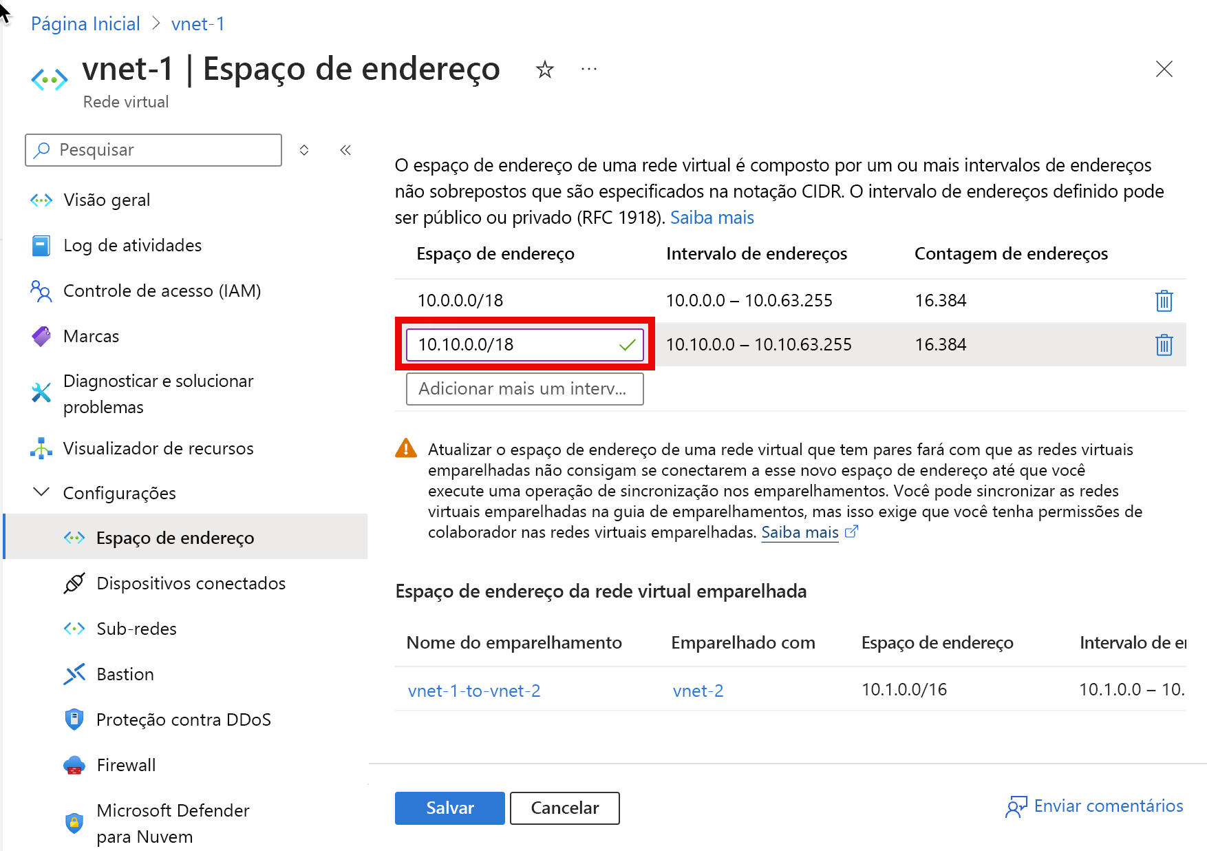 Captura de tela da página Espaço de Endereço usada para adicionar um intervalo de endereços IP.