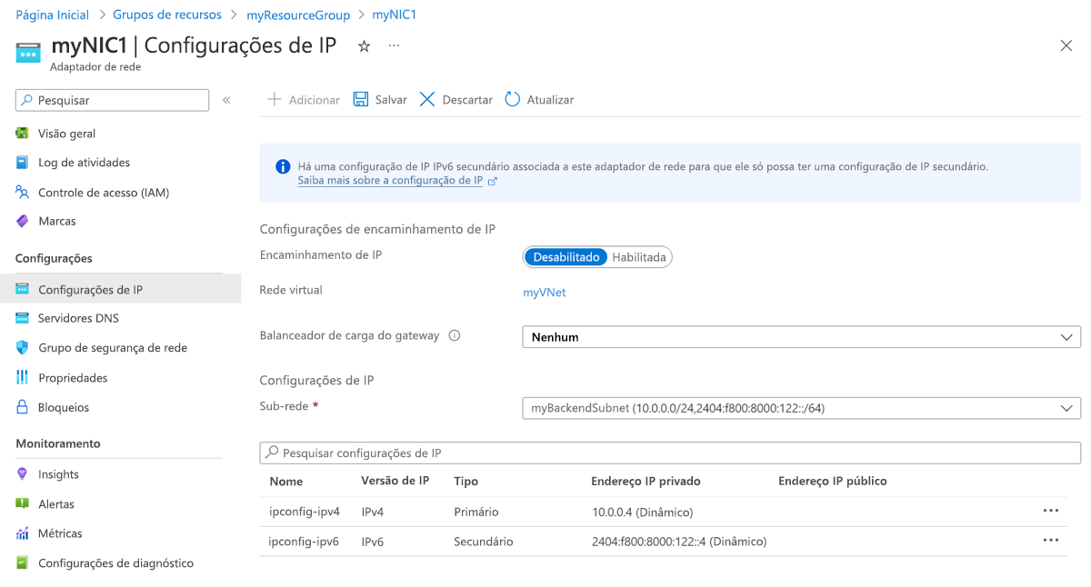 Captura de tela das configurações de IP da interface de rede.