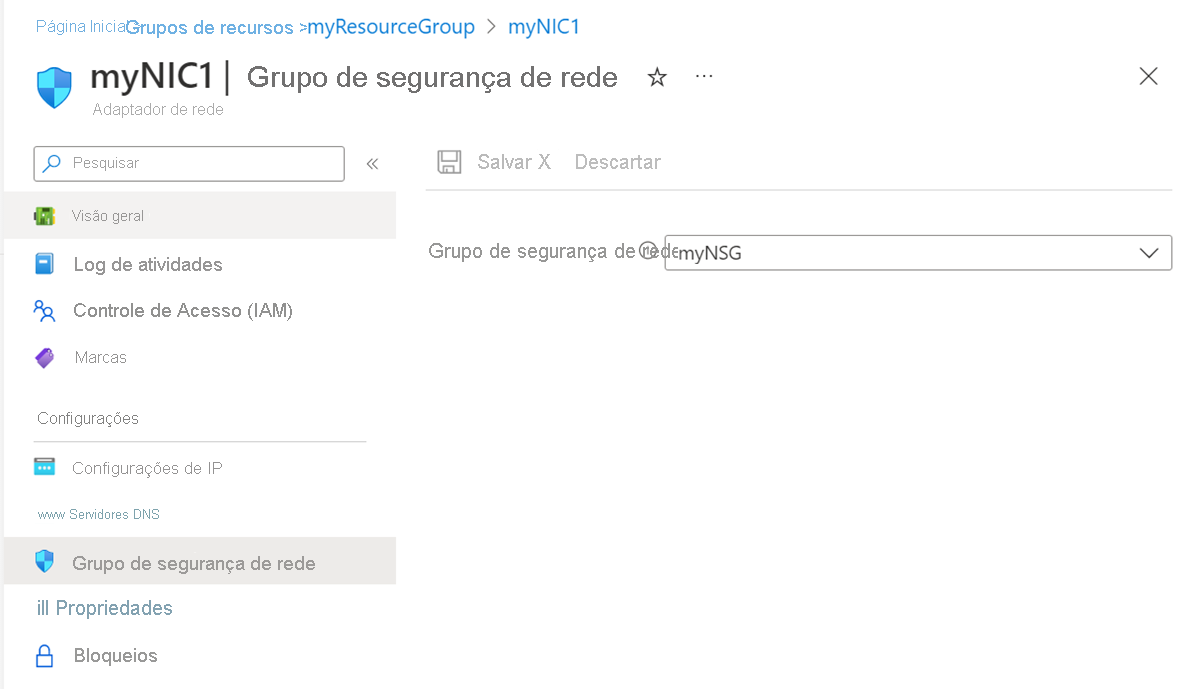 Captura de tela da configuração do grupo de segurança de rede.