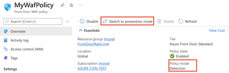 Captura de tela mostrando a política do WAF, com o modo de política e o botão Alternar para modo de prevenção destacados.