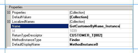 Screenshot of the Properties pane showing the Name field highlighted and the value GetCustomerByName_Instance specified.