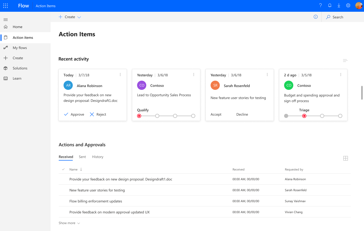 Central de ações do Microsoft Flow