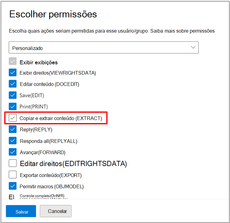 Permissões de etiquetas de confidencialidade personalizadas que removem o direito EXTRACT.