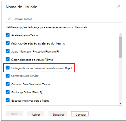 Aplique a Proteção de dados comerciais para Microsoft Copilot item de licença.