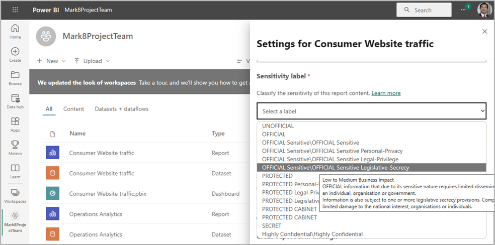 Opções de Etiquetagem do Power BI.