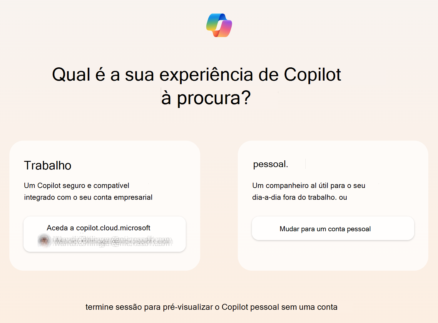 Captura de ecrã a mostrar Microsoft Copilot a pedir Microsoft Entra utilizadores para selecionarem trabalho ou pessoal.