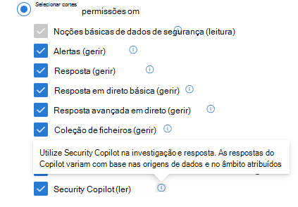 Captura de ecrã a mostrar a função de Defender XDR personalizada com Security Copilot as operações de segurança ativadas.