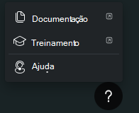Captura de ecrã a mostrar as opções do menu do ícone de ajuda, incluindo documentação, formação e suporte.