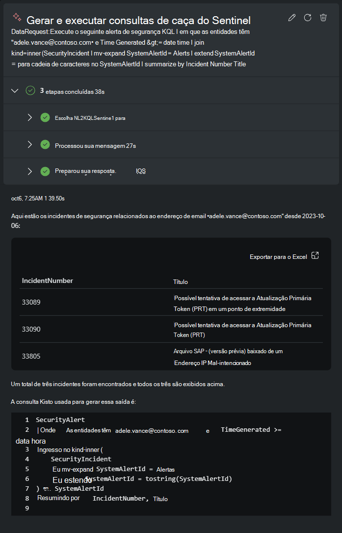 Captura de ecrã a mostrar Microsoft Sentinel resultados da consulta de investigação.