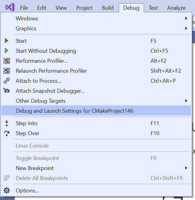 Captura de tela do comando do menu Depurar configurações de depuração e inicialização do projeto.