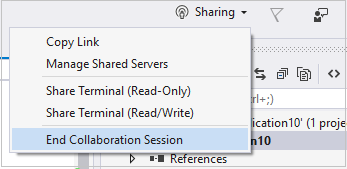 Captura de tela da lista suspensa de Compartilhamento com a opção Terminar Sessão de Colaboração realçada.