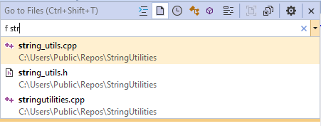 Captura de tela dos resultados de Ir para Arquivos. O usuário digitou 'f str' e são exibidas as opções string_utils.cpp e string_utils.h que contêm str no nome.