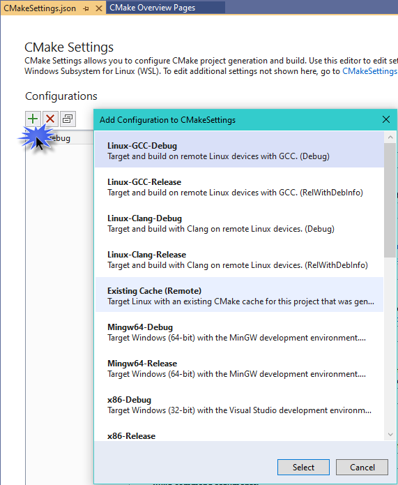 Caixa de diálogo de configurações do CMake com o botão de adição realçado, o qual adiciona a configuração selecionada, que é Linux-GCC-debug.