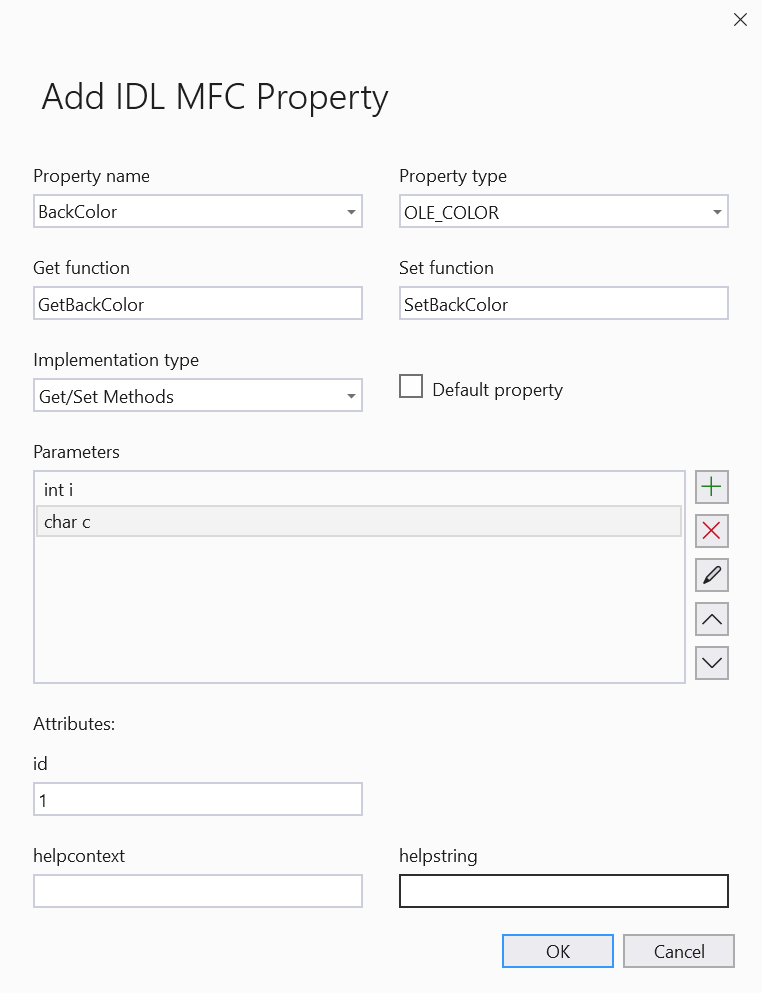 Captura de tela para Adicionar propriedade MFC do IDL com dois parâmetros: int i e char c. Tipo de propriedade é OLE_COLOR.