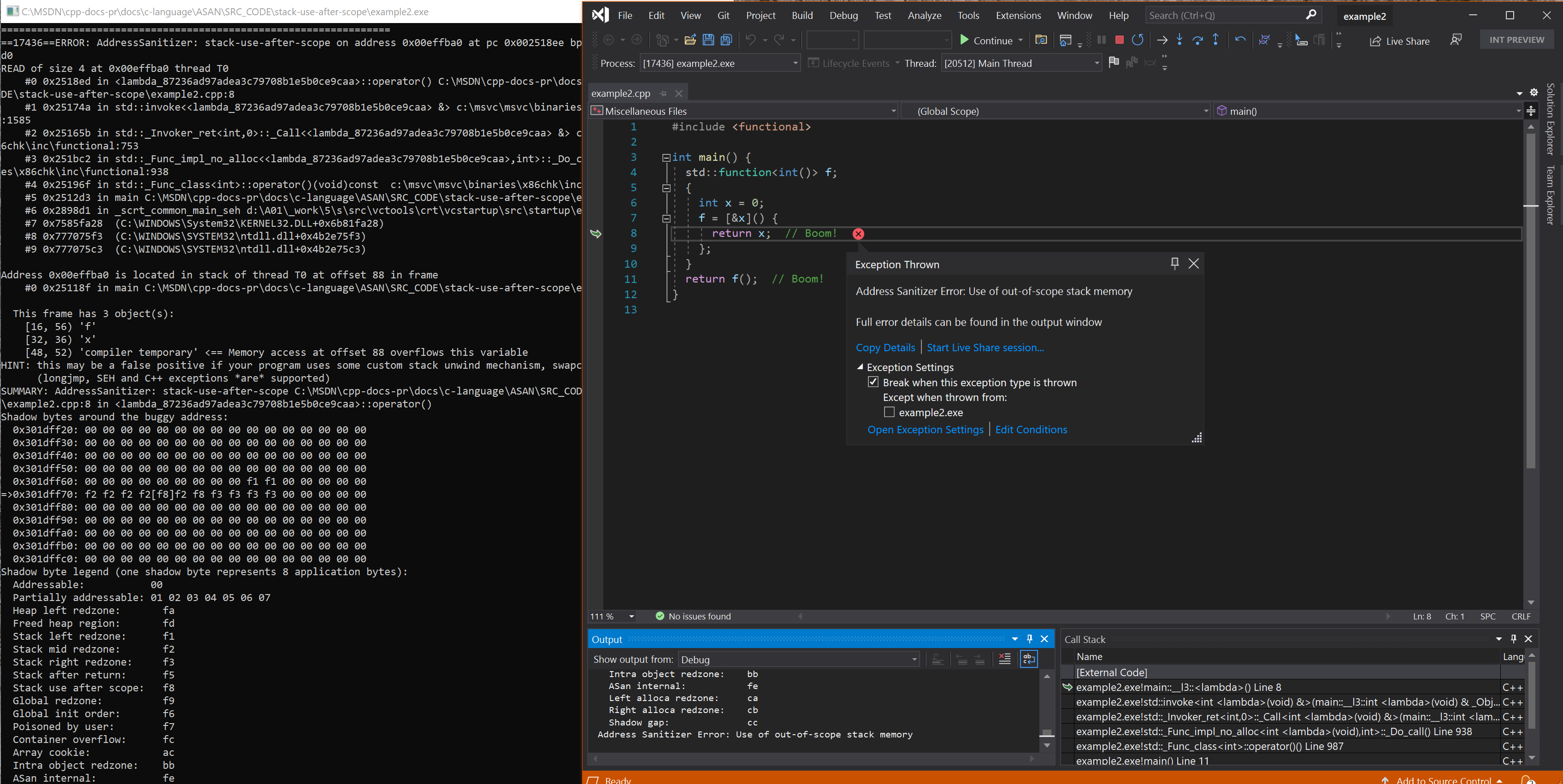 Captura de tela do depurador exibindo o erro stack-use-after-scope no exemplo 2.