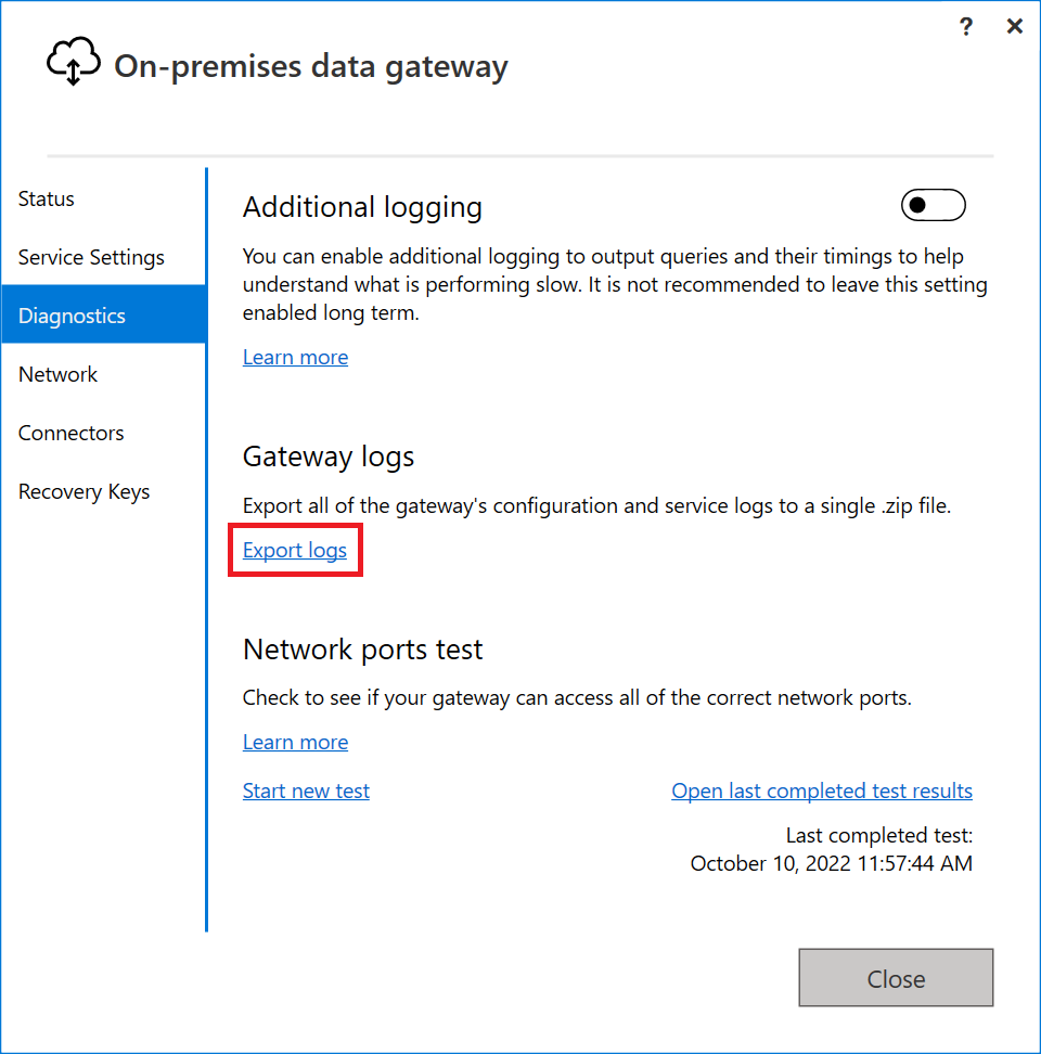 Logs de aplicativo do gateway de dados local.