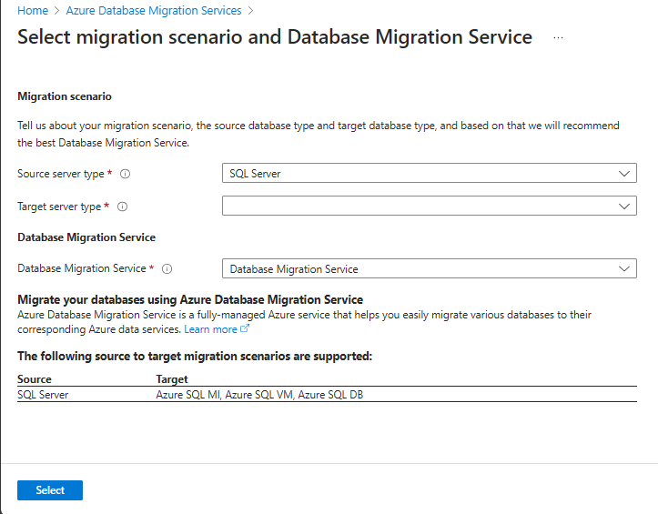 Captura de tela que mostra cenários de migração do Serviço de Migração de Banco de Dados.