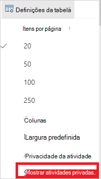 Captura de ecrã a mostrar o ícone de definições do registo de atividades.