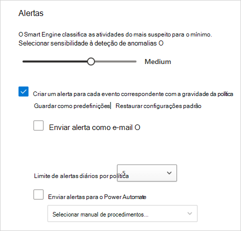 Captura de ecrã que mostra como configurar alertas, incluindo confidencialidade, e-mail e limite diário.