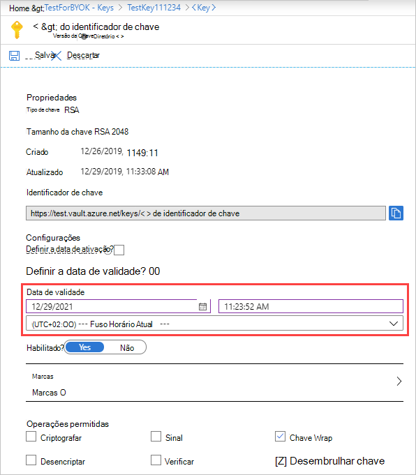 Captura de ecrã a mostrar a data de expiração da chave.