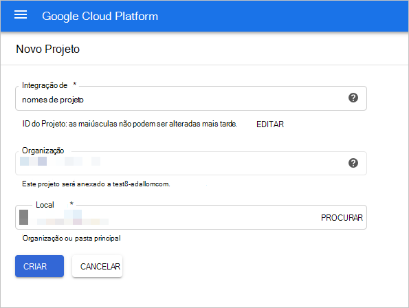 Captura de ecrã a mostrar a caixa de diálogo Criar projeto do GCP.