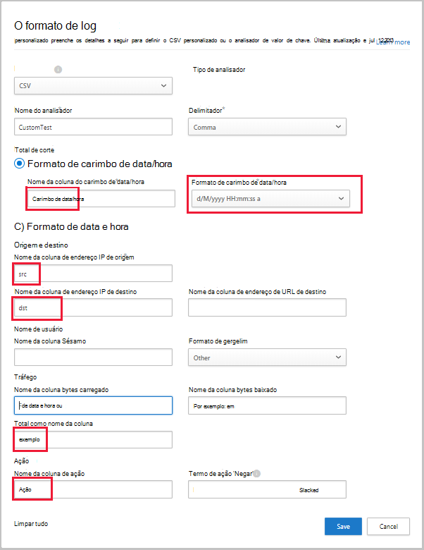 Captura de ecrã a mostrar a caixa de diálogo Formato de registo personalizado, com valores preenchidos.