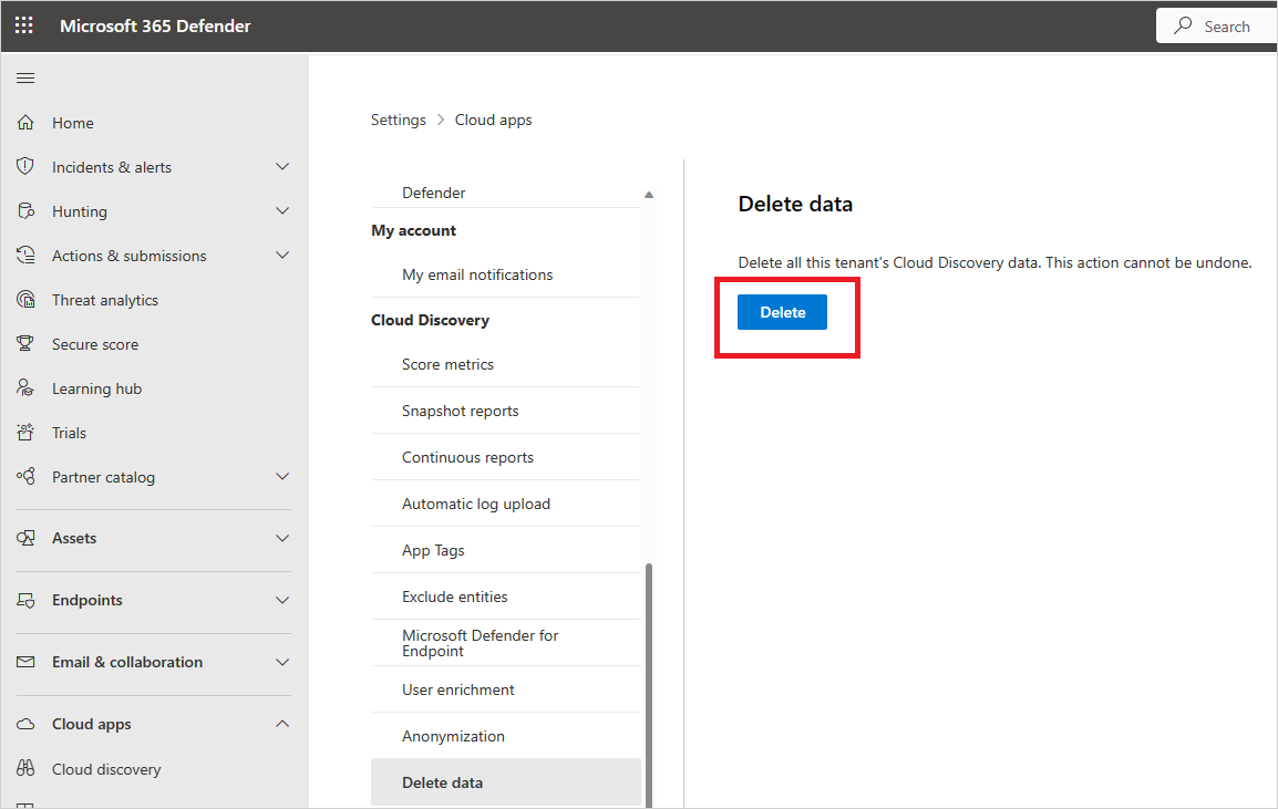 Captura de ecrã a mostrar a eliminação de dados de deteção de cloud.