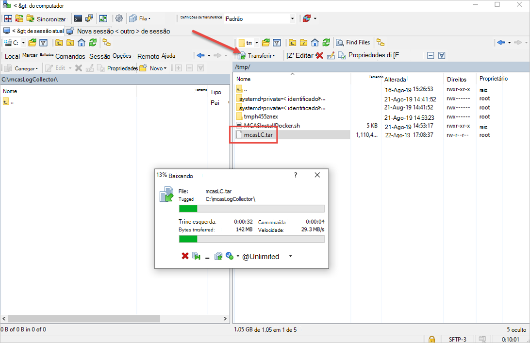 Captura de ecrã a mostrar a transferência do recoletor de registos para um computador Windows.