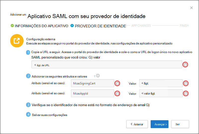 Captura de ecrã a mostrar a página de informações SAML.