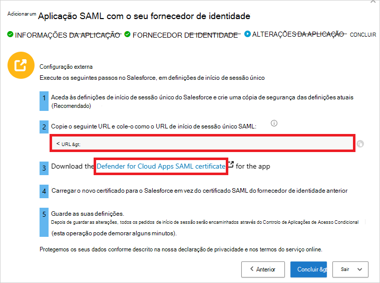 Repare no Defender para Aplicativos de Nuvem URL do SSO SAML e transfira o certificado.