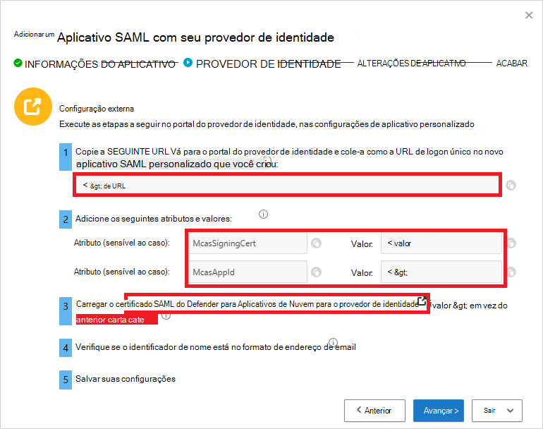 No Defender para Aplicativos de Nuvem, tenha em atenção o URL e os atributos do SSO.