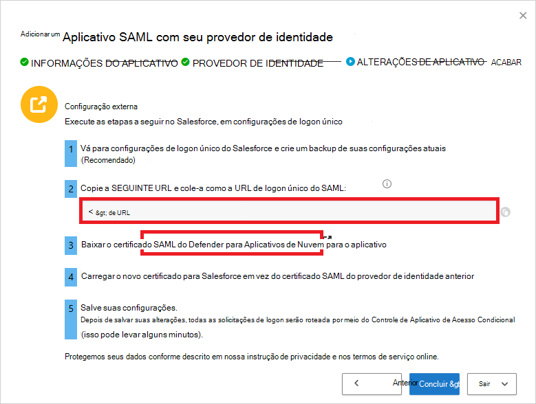 Repare no Defender para Aplicativos de Nuvem URL do SSO SAML e transfira o certificado.