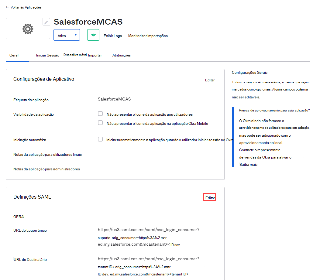 Localize e edite as definições de SAML.