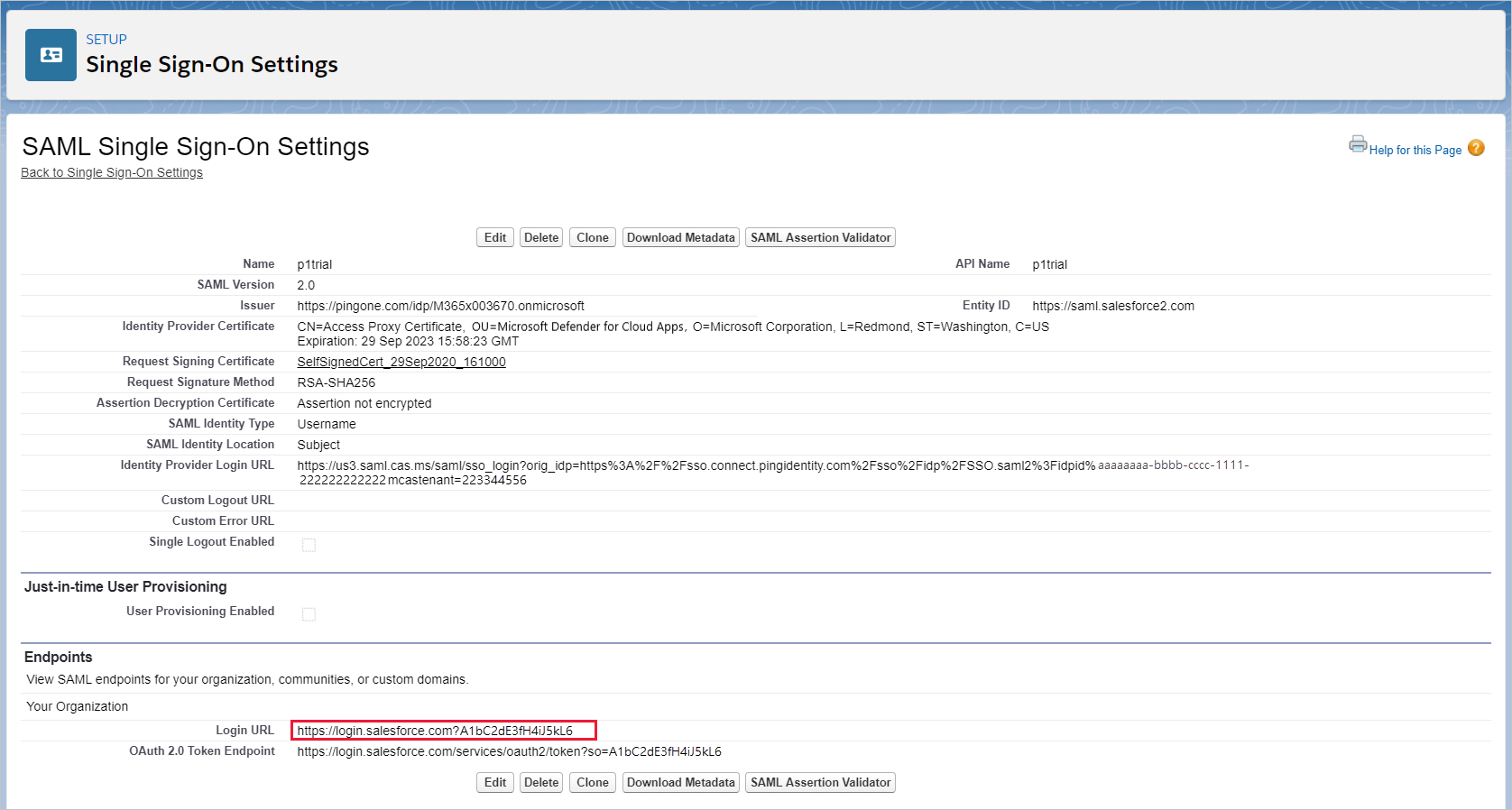 Selecione URL de login do SSO do Salesforce.