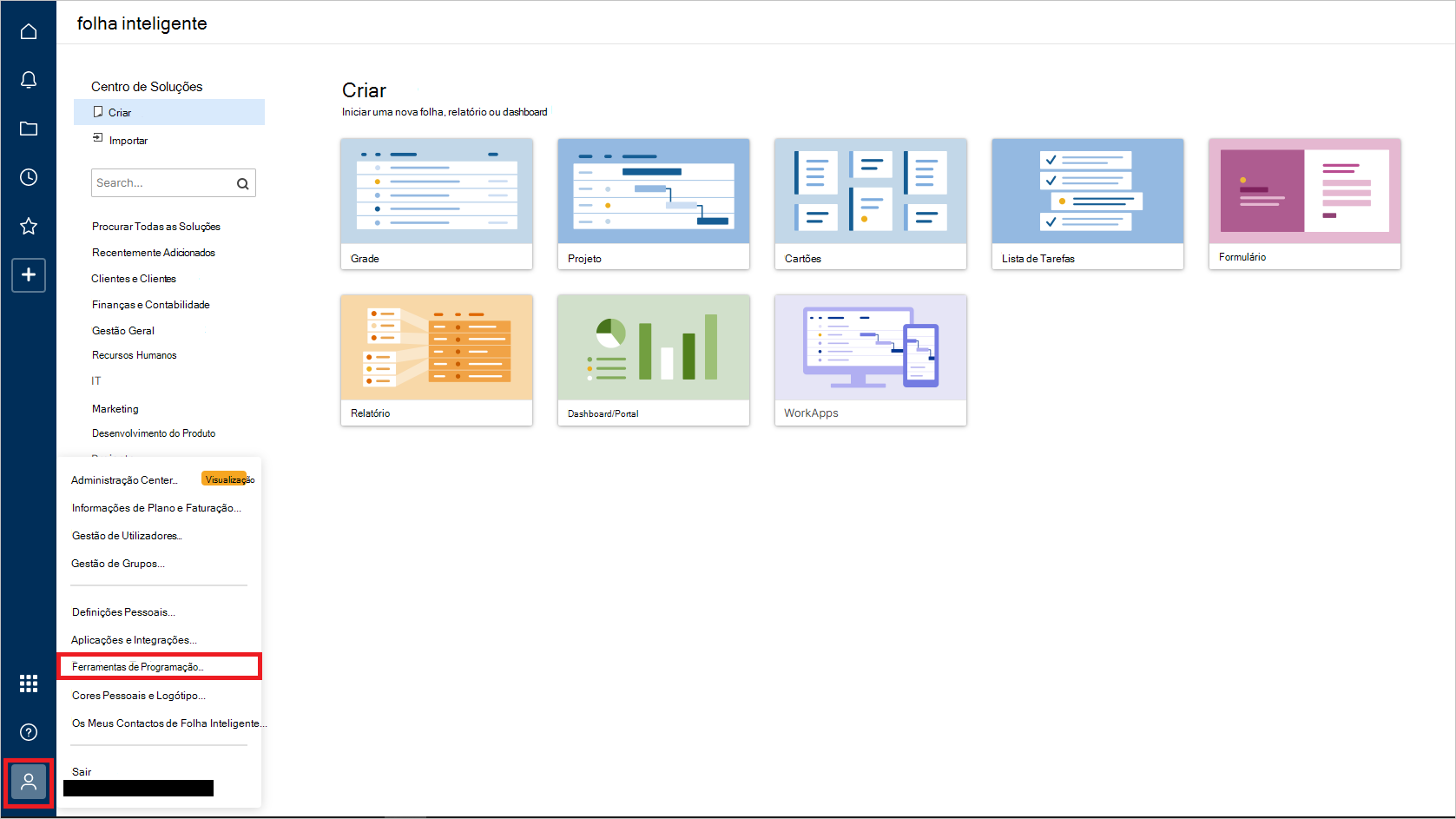 Captura de ecrã a mostrar o item de menu Ferramentas de Programação.