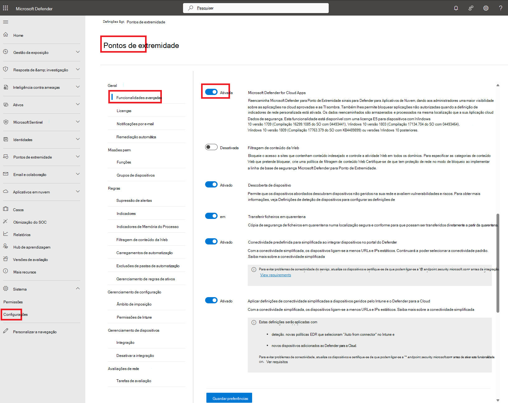 Captura de ecrã a mostrar as definições do Defender para Endpoint.