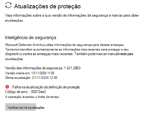 Captura de ecrã a mostrar a falha na atualização da definição de Proteção.