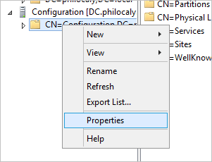 Screenshot of selections for opening properties for the Configuration node.