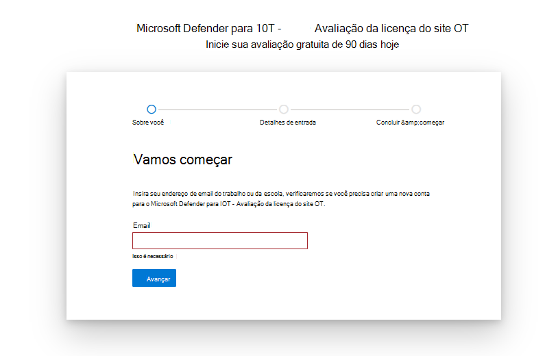 Captura de ecrã para começar e configurar a página do Microsoft Defender da licença de avaliação de IoT.