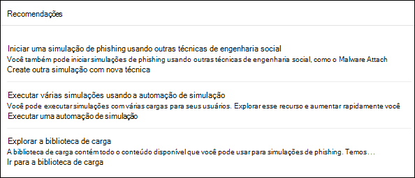 A secção Recomendações no separador Relatório de um relatório de simulação para uma simulação.