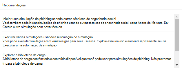 As Recomendações card no separador Descrição Geral no Treinamento de simulação de ataque no portal do Microsoft Defender.