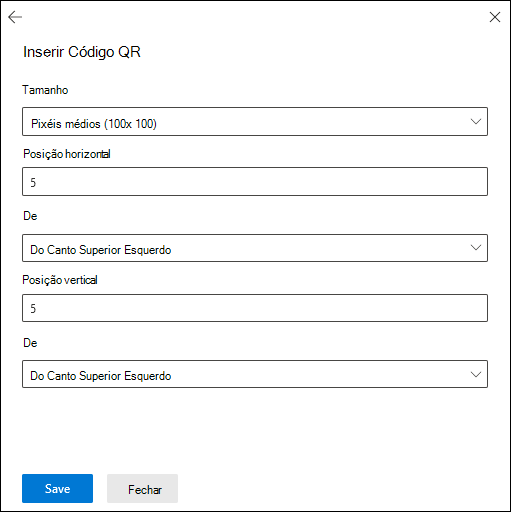 A lista de opções Inserir código QR a partir da página Configurar payload do novo assistente de criação de payload.