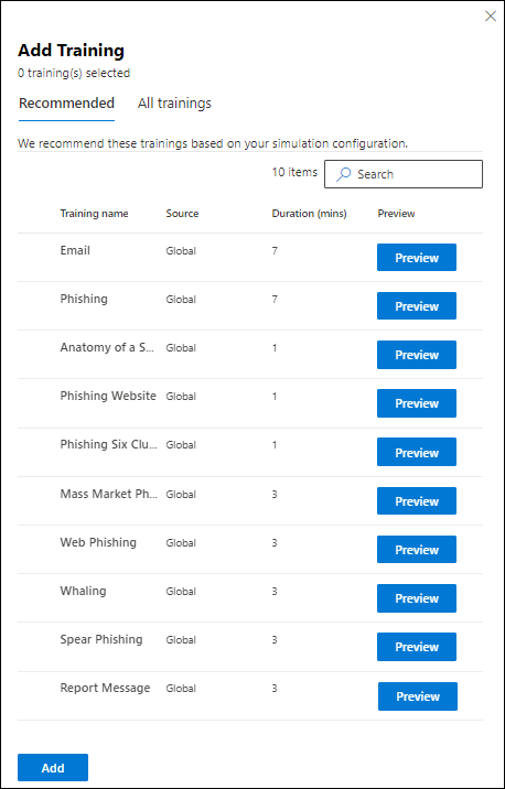 A opção para adicionar a formação recomendada na página Tarefa de preparação no Treinamento de simulação de ataque no portal do Microsoft Defender