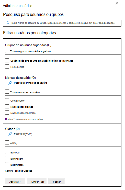 A filtragem utilizador na página Utilizadores de destino no Treinamento de simulação de ataque no portal do Microsoft Defender