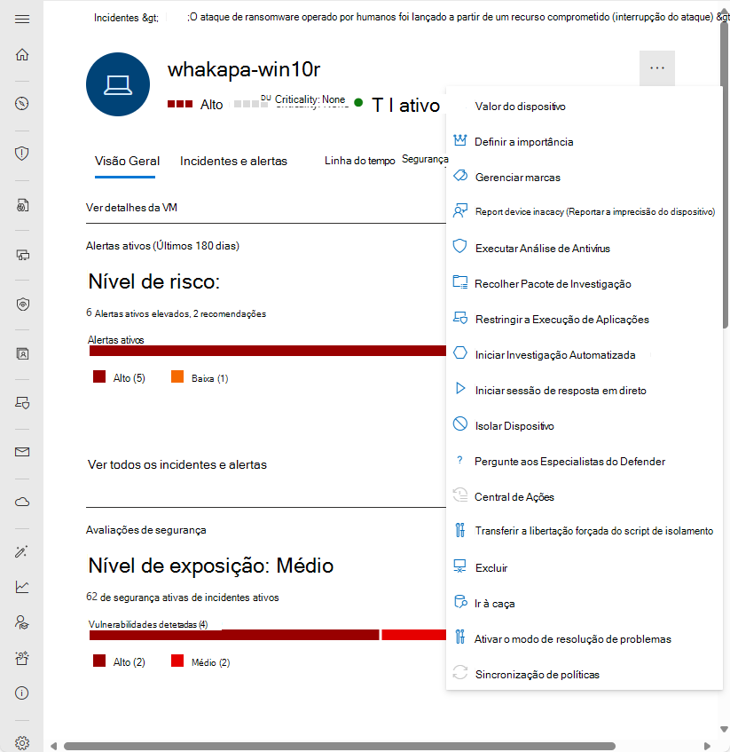 Captura de ecrã a mostrar a Barra de ação da página da entidade do dispositivo no portal do Microsoft Defender.